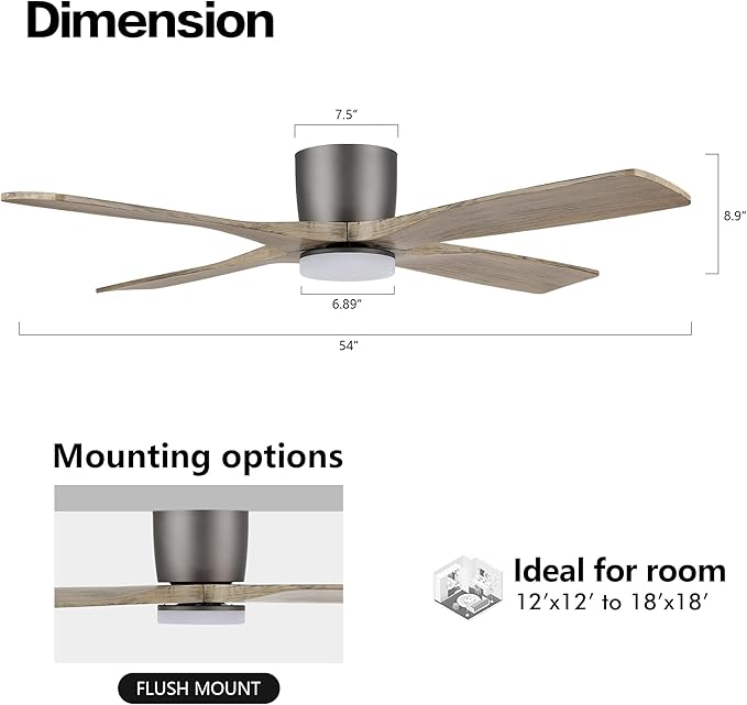 WINGBO 54 Inch Flush Mount DC Ceiling Fan with Lights and Remote, 4 Reversible Carved Wood Blades, 6-Speed Noiseless DC Motor, Hugger Ceiling Fan in Graphite Finish with Gray Blades
