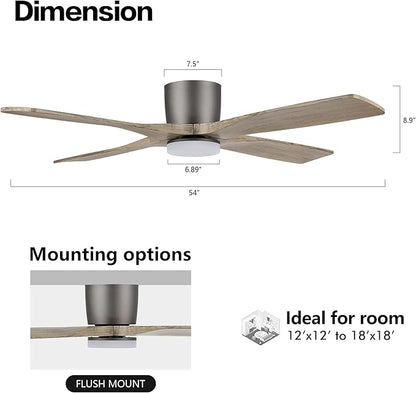 WINGBO 54 Inch Flush Mount DC Ceiling Fan with Lights and Remote, 4 Reversible Carved Wood Blades, 6-Speed Noiseless DC Motor, Hugger Ceiling Fan in Graphite Finish with Gray Blades