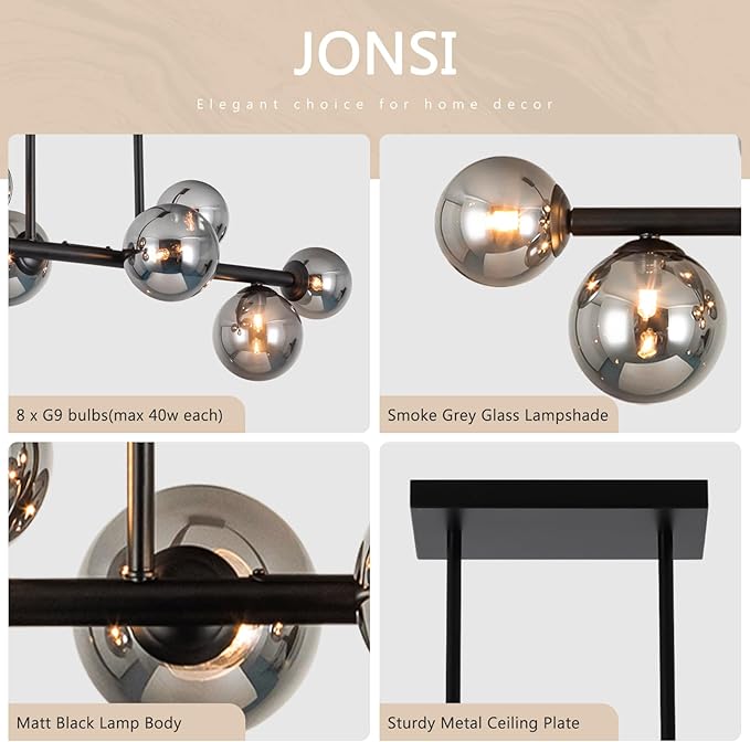 Jonsi Dining Room Light Fixture Over Table, Mid Century Chandeliers, Modern 8 Lights Smoke Grey Globe Glass Linear Chandelier Adjustable Ceiling Hanging for Living Dining Room Kitchen Island, Black