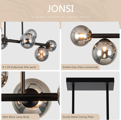 Jonsi Dining Room Light Fixture Over Table, Mid Century Chandeliers, Modern 8 Lights Smoke Grey Globe Glass Linear Chandelier Adjustable Ceiling Hanging for Living Dining Room Kitchen Island, Black