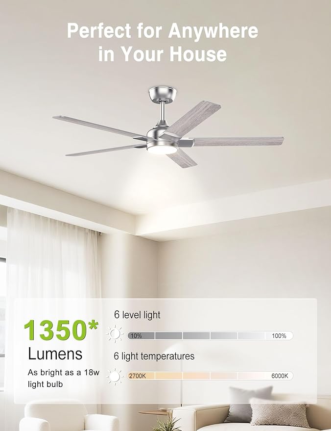 DAMINY 52 inch Nickel Ceiling Fans with Lights,5 Blades,6CCT, Low Profile,Remote Control,for Bedroom, Kitchen,Living Room,Indoor/Outdoor Use,Downrod