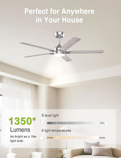 DAMINY 52 inch Nickel Ceiling Fans with Lights,5 Blades,6CCT, Low Profile,Remote Control,for Bedroom, Kitchen,Living Room,Indoor/Outdoor Use,Downrod