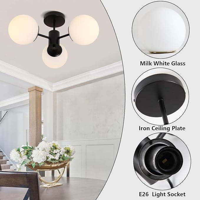 Black Semi Flush Mount Ceiling Light Mid Century Modern Globe Ceiling Light 3 Lights Milk Glass Sputnik Flush Mount Chandelier for Bedroom Dinning Room Foyer Hallway