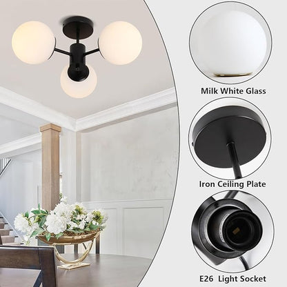 Black Semi Flush Mount Ceiling Light Mid Century Modern Globe Ceiling Light 3 Lights Milk Glass Sputnik Flush Mount Chandelier for Bedroom Dinning Room Foyer Hallway