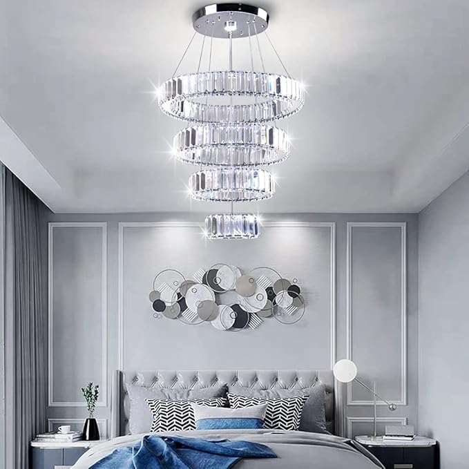 CLAIRDAI LED Crystal Chandeliers High Brightnes 4 Rings Adjustable Stainless Pendant Lighting Chandeliers for Bedroom Living Room Dining Room Dia 5.9-9.8"-13.8"-17.7" 6500K Cool White