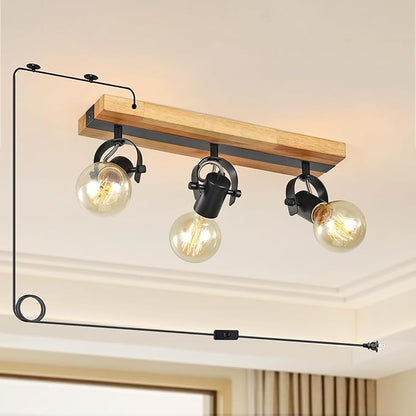 3 Light Plug in Track Light,Farmhouse Plug in Ceiling Light with 14.76-Foot Cord,Rotatable Ceiling Spotlight for Kitchen Dining Room Cabinet Hallway Living Room(No Bulb)