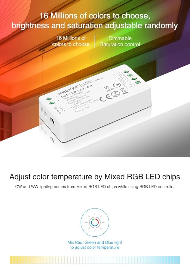 LGIDTECH FUT037S RGB Color LED Strip Light Controller,Input DC 12-24V,Output Max 12A