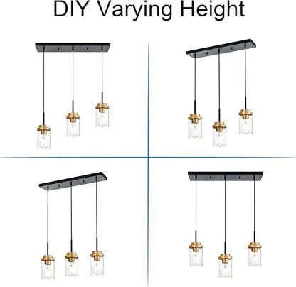 MELUCEE 20.5 Inches Dining Room Light Fixture Hanging 3-Lights Kitchen Pendant Light Fixture Over Island Black Ceiling Hanging Lamp with Clear Glass Shade, Gold Socket