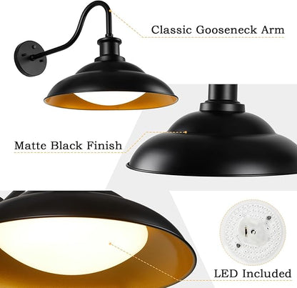 Dusk to Dawn LED Outdoor Barn Lights, 16 Inch Large Farmhouse Exterior Wall Light Fixtures with Adjustable Color Temperature, Modern Black Gold Porch Lights Outside for House Garage Doorway