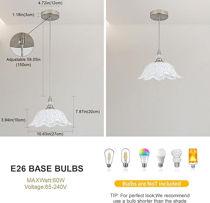 1 Piece Brushed Nickel Chandelier Light Fixtures with White Glass Shade, Brushed Nickel Finish Pendant Light,Hanging Light for Dining Room,Hallways,Living Room,Bedroom