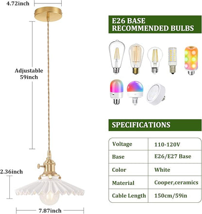 Shenmoyl Pendant Light 2 Pack with White Pleated Ceramic Lmapshade, Brass Vintage Pendant Light Adjustable Hanging Light for Kitchen Island Dining Room Hallway