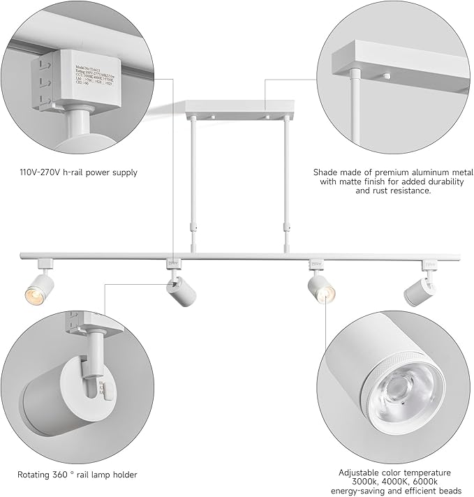 4-Pack Adjustable LED Track Lighting System - White Ceiling Mount Spotlights with 360° Rotation for Kitchen, Bathroom, Dining Room & Hallway, Easy Install Modern Home Lighting Fixtures