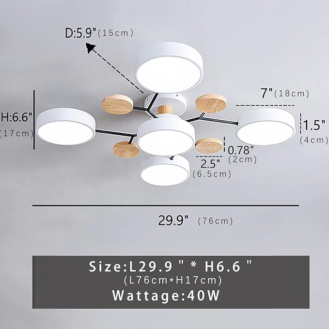 Dimmable LED Flush Mount Ceiling Light Fixture with 3000K-6000K Light Color Adjustable,40W 30Inch Chandelier Modern Wooden Ceiling Lamp for Bedroom Kitchen,5-Lights Indoor Lighting White Pendant Light