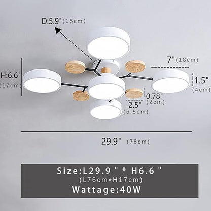 Dimmable LED Flush Mount Ceiling Light Fixture with 3000K-6000K Light Color Adjustable,40W 30Inch Chandelier Modern Wooden Ceiling Lamp for Bedroom Kitchen,5-Lights Indoor Lighting White Pendant Light