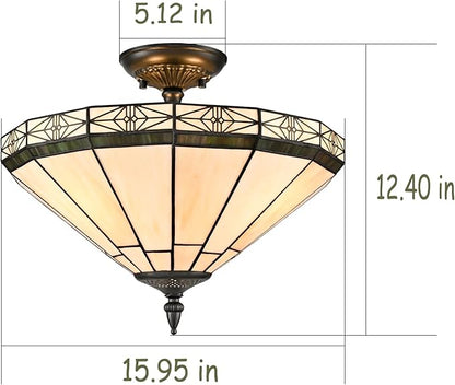DIRYZON Tiffany Style Flush Mount Ceiling Light - 3-Light Stained Glass Light Fixture Vintage Ceiling Light with Glass Copper Shade for Hallway Living Room Bedroom