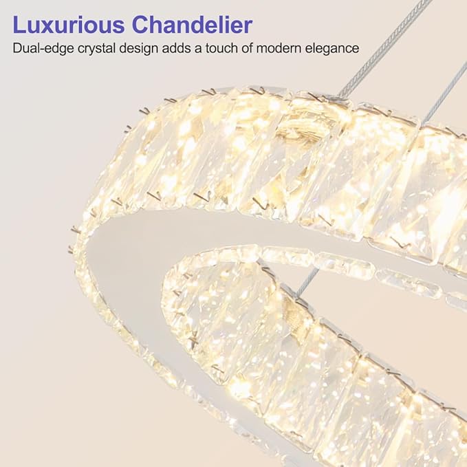 LED Chandelier, Modern Crystal Chandeliers, 17’’ Pendant Light 3/4/5000K Dimmable, Adjustable Height Ceiling Light Fixture for Dining Room, Stairwell, Entryway, Bedroom, ETL Listed