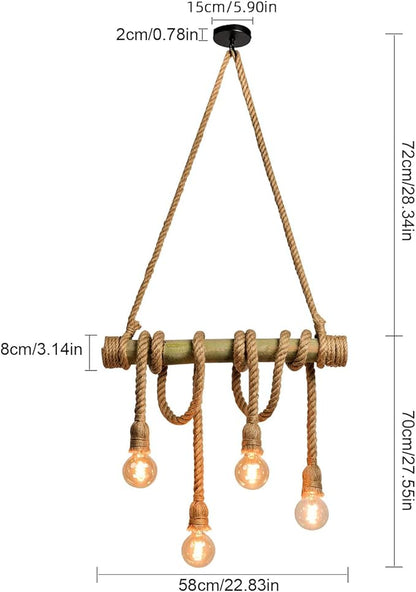 Arturesthome 4 Heads Hemp Rope Ceiling Pendant Light, Vintage Bamboo Chandeliers Decoration, Rustic Industrial Hanging Lamp for Bedroom Restaurant Cafe Bar