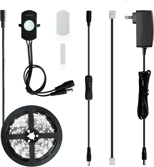 Sensky Motion Sensor LED Strip Light Under Cabinet Lighting Kit, LED Strip Light with Motion Sensor, FCC Listed Power Adapter for Gun Safe Light, Shelf, TV Wall Lighting (8.2FT,6000K)