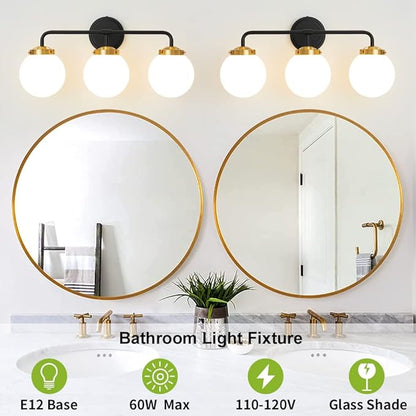 Black Gold Bathroom Light Fixtures Above Mirror, 22.4'' Modern Vanity Lighting with White Glass Globe Shade 3-Light Farmhouse Wall Sconce