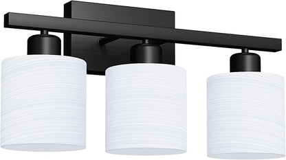 PARTPHONER Bathroom Light Fixtures, Bathroom Lighting Fixtures Over Mirror, Interior Classic Vanity Lights, Modern Vanity Light with Textured White Glass Shade, Matte Black, 3-Light