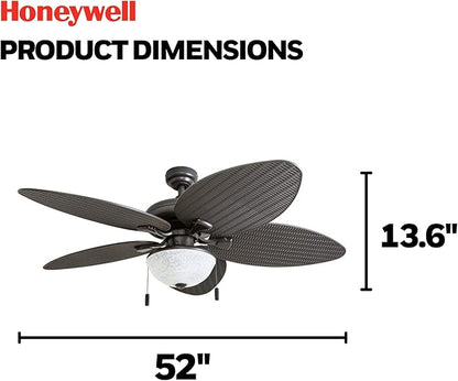 Honeywell Ceiling Fans Inland Breeze, 52 Inch Tropical Indoor Outdoor Ceiling Fan with Light, Pull Chain, Three Mount Options, Weather Resistant Blades - 50510-01 (Bronze)