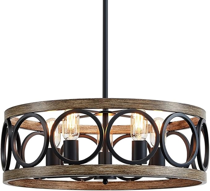 XINGQI Dining Room Chandelier 5-Light Black Modern Chandelier 21.7'' Farmhouse Drum Pendant Light Fixture for Living Room Kitchen Island Bedroom Office with Wood Grain Finish