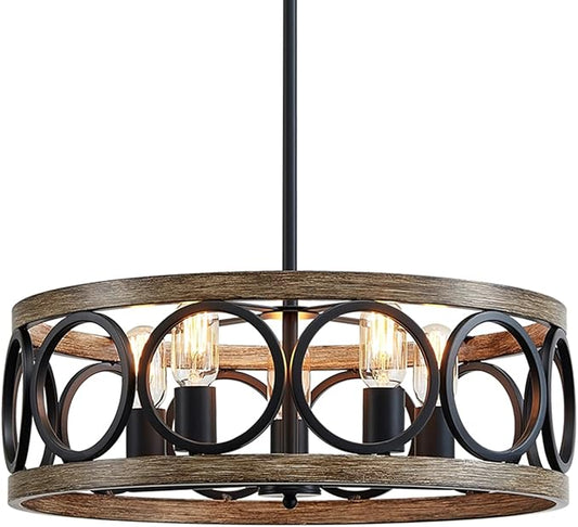 XINGQI Dining Room Chandelier 5-Light Black Modern Chandelier 21.7'' Farmhouse Drum Pendant Light Fixture for Living Room Kitchen Island Bedroom Office with Wood Grain Finish