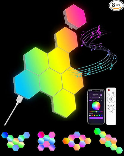 Kangtaixin Hexagon LED Lights 8 Pack - RGB Wall Panels with Music Sync, Smart App & Remote Control, DIY Modular Hex Light for Gaming Room, Bedroom, Living Room, Wall Decor