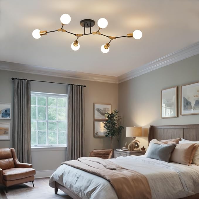 Modern Mid Centur 6 Light Semi Flush Mount Ceiling Lighting Fixture for Living Room Bedroom Dining Room Hallway Kitchen Office,Minimalist Gold and Black Sputnik Chandelier