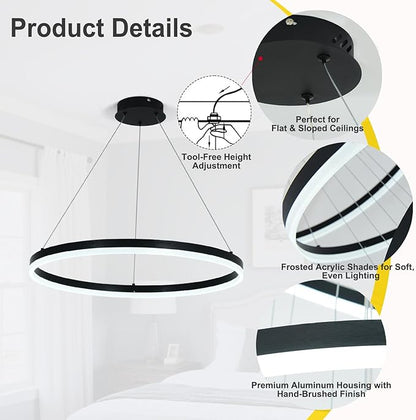 Modern LED Chandelier Black High Ceiling Ring Chandeliers with Remote Control Circular Pendant Light Dimmable for Dining Room Living Room Bedroom Hallway Kitchen Island(3000K-6500K D23.6)