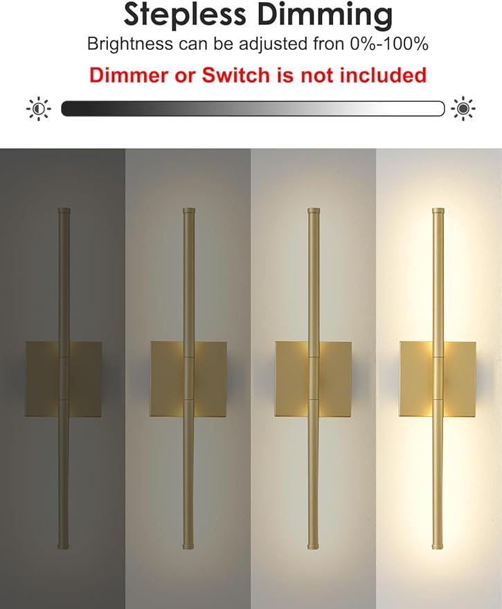 KARTOOSH 24.4 Inch Hardwired Wall Sconces Set of Two, 3000K Warm White Dimmable Modern Wall Sconces, 350° Rotate LED Light Fixtures Wall Lamp for Bathroom Living Room Bedroom Bedside, Gold
