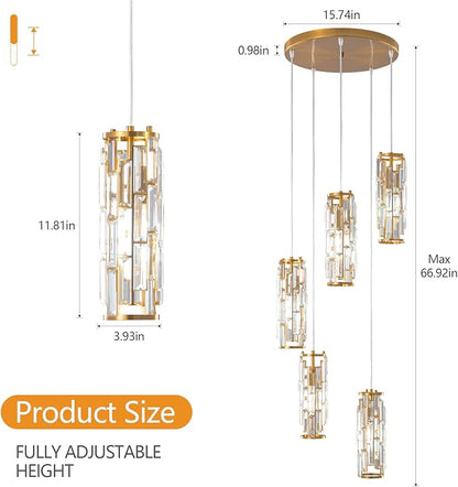 LMQNINE Pendant Light, Gold Modern Pendant Light Fixtures, Mini Crystal Chandeliers, Adjustable 5-Light Pendant Lighting for Kitchen Island Dinning Room Bedroom (Gold 5-Light)