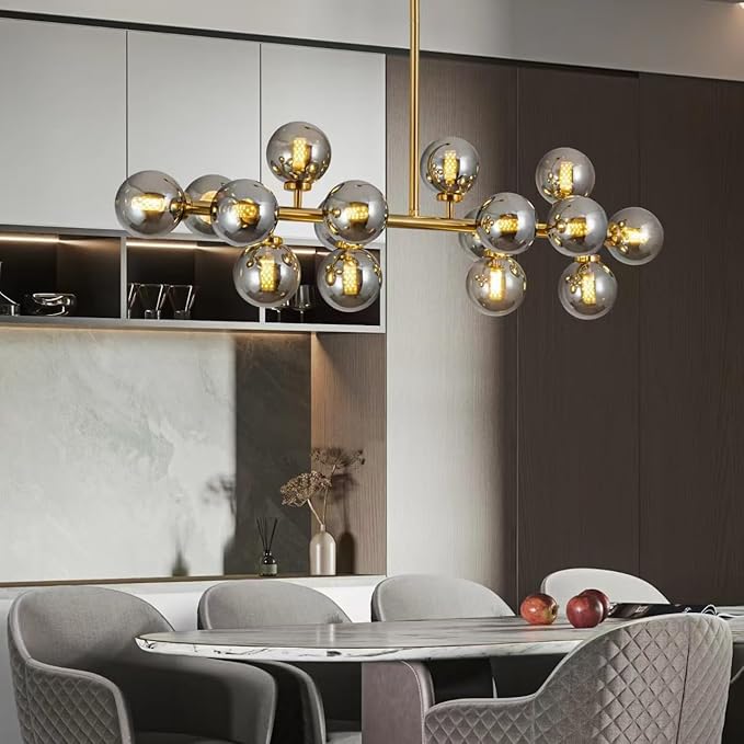 Modern Gold Linear Chandelier Rectanglar Modern Grey Globe Pendant Light Sputnik Chandeliers Hanging Light Fixture 16-Light