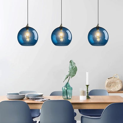 Modern 3-Pack Glass Globe Pendant Lights, Blue Modern Pendant Lighting for Kitchen Island, Clear Glass Hanging Lamps for Dining Room Living Room Bedroom, Large 9.85 Inch Fixture (Bulbs Not Included)