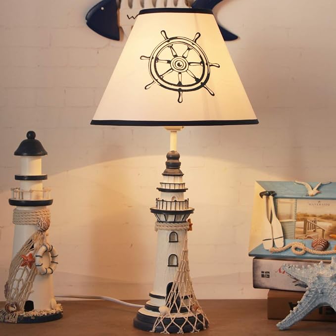 LITFAD Modern Bedside Table Lamp 1 Light Lighthouse LED Reading Light Nautical Style Resin Desk Lamp in Blue for Bedroom Kids Room Office - Rudder