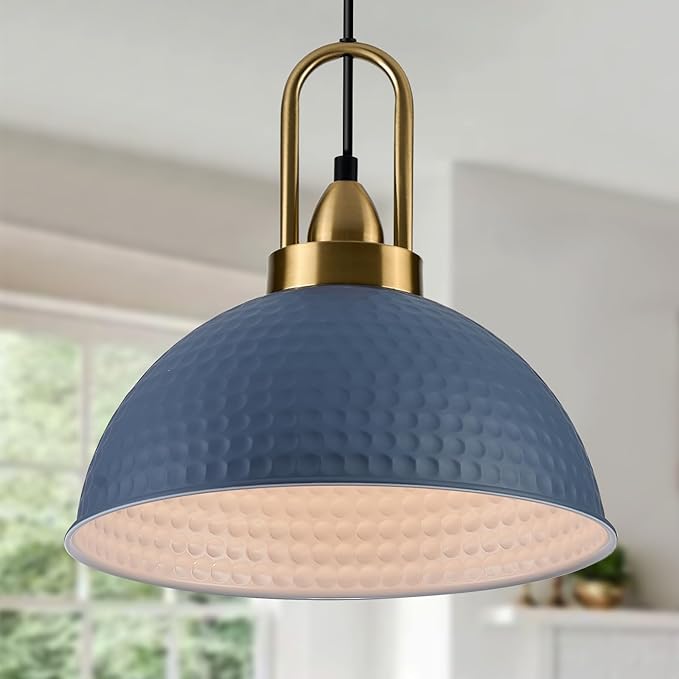 Blue Pendant Lights Kitchen Island Industrial Adjustable Height Vintage Dome Hanging Light Fixtures for Barn, Dining Room 3 Packs