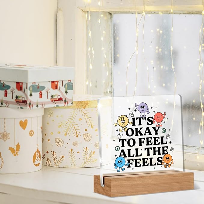 Therapy Office Decor, Mental Health Gifts for Therapist School Counselor Psychology, Cute Counseling Students Classroom Feel All the Feel Acrylic Plaque Office Desk Decor