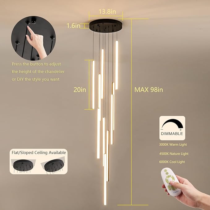 HuisMier Modern LED Chandelier, 10 Lights Black Dimmable Linear Pendant Light with Remote Control, High Ceiling Chandelier Adjustable Height for Staircase Living Room Hallway Foyer