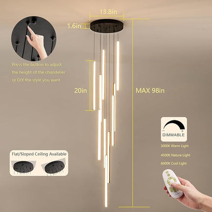 HuisMier Modern LED Chandelier, 10 Lights Black Dimmable Linear Pendant Light with Remote Control, High Ceiling Chandelier Adjustable Height for Staircase Living Room Hallway Foyer