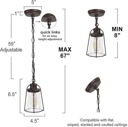 KSANA Farmhouse Pendant Lighting, Mini Rustic Hanging Light Fixture with Seeded Glass Shade for Kitchen Island, Foyer, Hallway, Bedroom and Entryway, Bronze