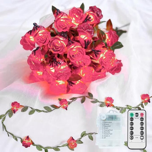 suddus 40 LED Fairy Lights Battery Powered, 12.5ft Pink Rose Flower String Lights with Remote, Valentine Lights for Wedding,Party,Bedroom,Porch,Table,Stairs,Dorm Decor