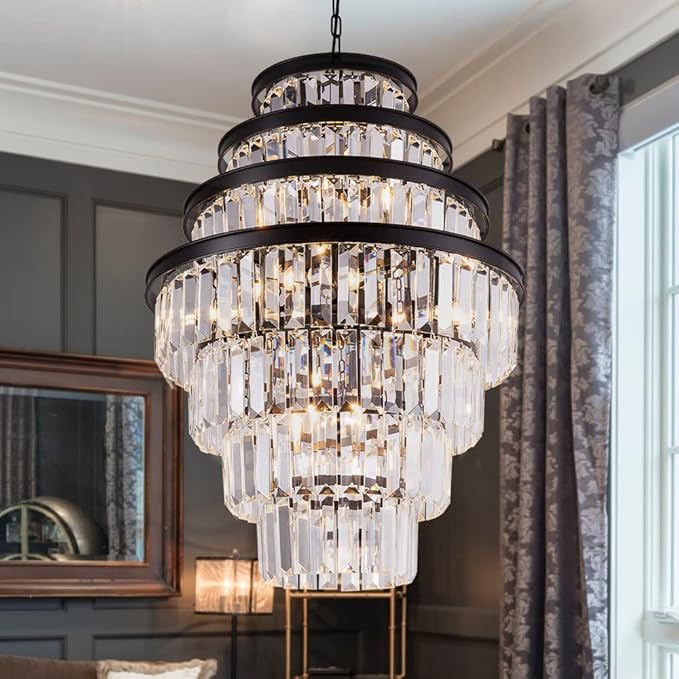 Wellmet Crystal Chandelier, 7-Tier Large Vintage Black Luxury Crystal Chandelier, for Living Room, Dining Table, Foyer, Drawing Room, Hallway, Entryway, Restaurant 33''H * 24''W