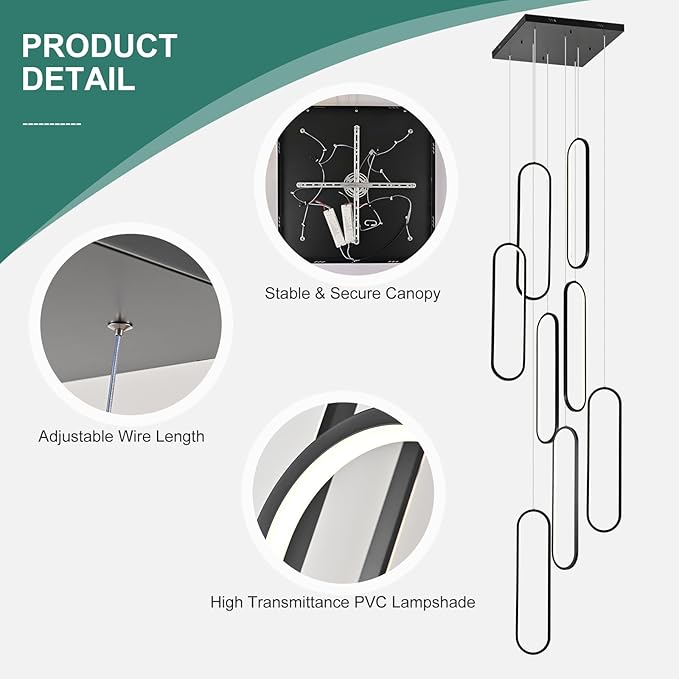 GEADI Modern Led High Ceiling Chandelier with Remote, Dimmable Foyer Chandeliers for High Ceilings, Black Large Staircase Pendant Light Fixture for Entryway(8 Lights,3000-6500K