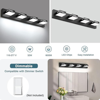LED Modern Bathroom Vanity Light Fixtures, 4-Light 28-inch Dimmable Matte Black Vanity Lights for Bathroom Lighting Fixtures Over Mirror, with 360° Rotatable Acrylic Heads (Cool White 6000K)