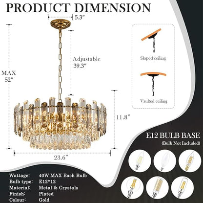 Gold Crystal Chandelier 23.6" Modern Crystal Pendant Light 3-Tier12-Light Ceiling Pendant Light Fixture for Dinning Room Living Room Foyer