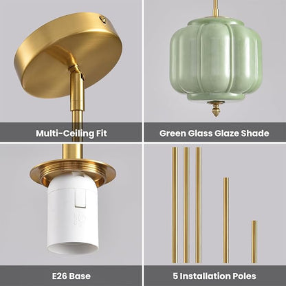Vintage Green Glass Pendant Lights 9.8 Inch Mid Century Modern Hanging Ceiling Light, Adjustable Height Kitchen Island Hanging Lights for Dining Room, Kitchen, Hallway and Bedroom, E26 Base