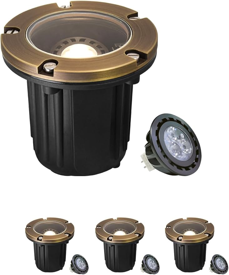 MALORY Brass Top Cover Landscape Well Lights, (4.6''H) 12V Low Voltage Outdoor In Ground Lights,Landscape Lighting for Pathway, Driveway and Garden 4-Pack with MR16 Bulb (Flat Top)