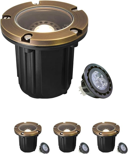 MALORY Brass Top Cover Landscape Well Lights, (4.6''H) 12V Low Voltage Outdoor In Ground Lights,Landscape Lighting for Pathway, Driveway and Garden 4-Pack with MR16 Bulb (Flat Top)