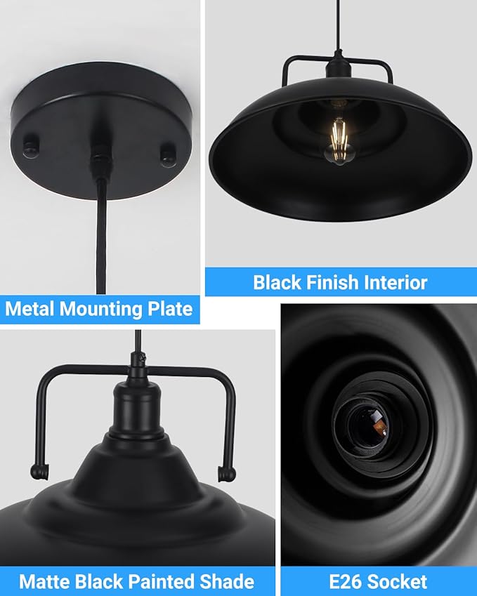 15.7" Black Pendant Lights Kitchen Island 2 Pack, Large Industrial Pendant Light Fixtures Kitchen Island Lighting for Dining Room Barn