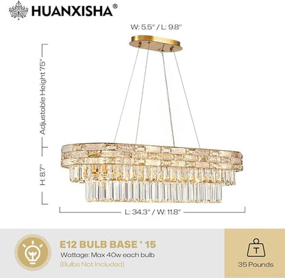 34.3" L Modern Crystal Chandeliers for Dining Room 12 Lights Gold Chandelier Large Luxury Chandelier Pendant Light Fixture, Kitchen Island,Entryway,Living Room 34.3" L x 8.7" H